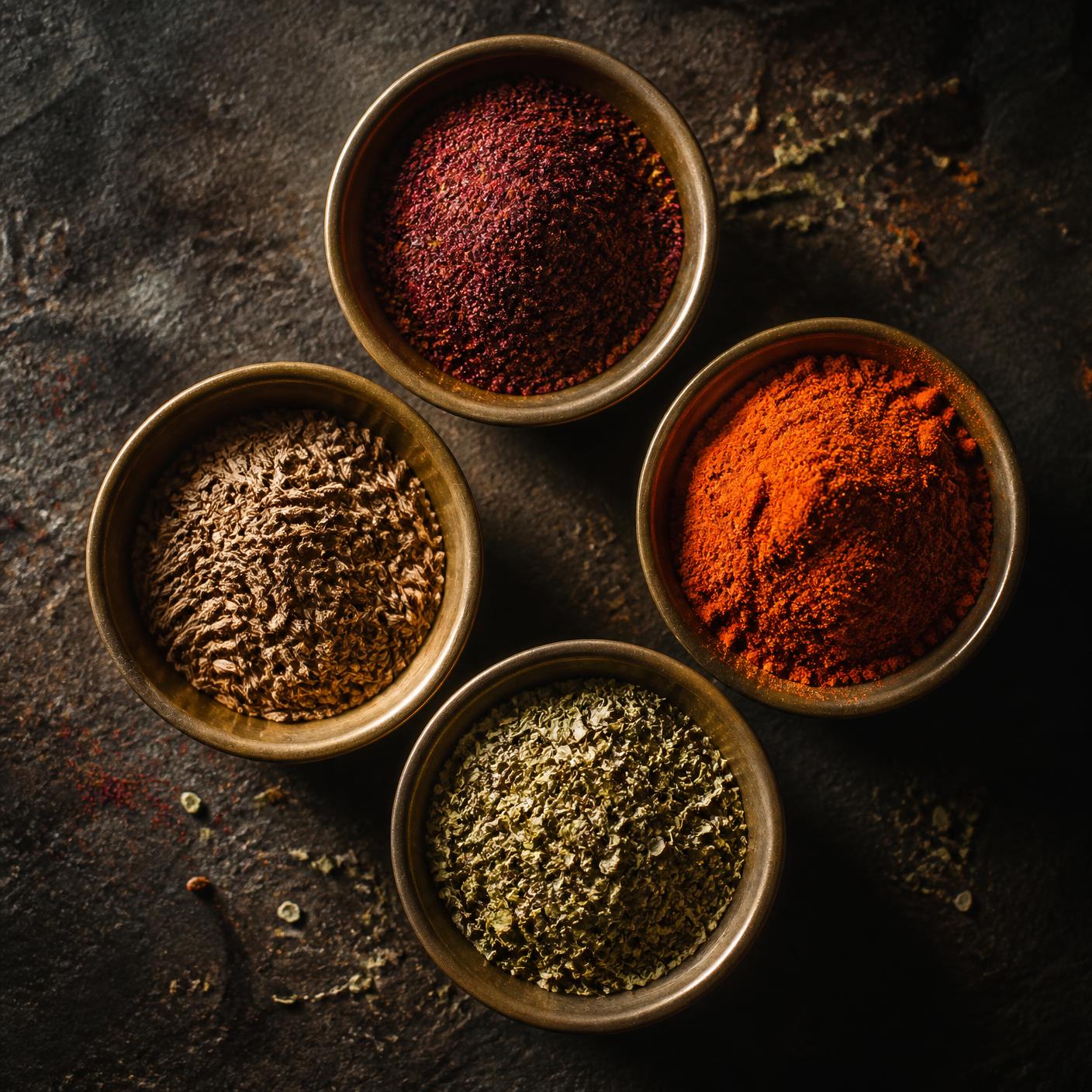 Mediterrane Gewürze — Sumak, Paprika, Kreuzkümmel, Oregano
